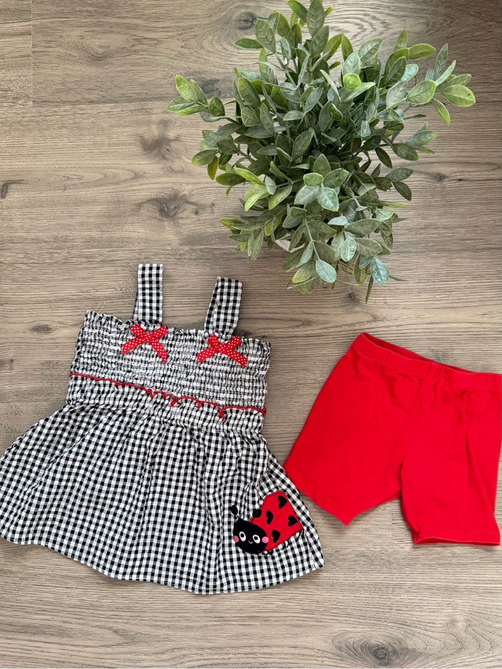 Black & White Gingham Top with Red Bike Shorts - Kids Bottoms Set